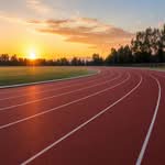 Empty athletics running track at sunrise