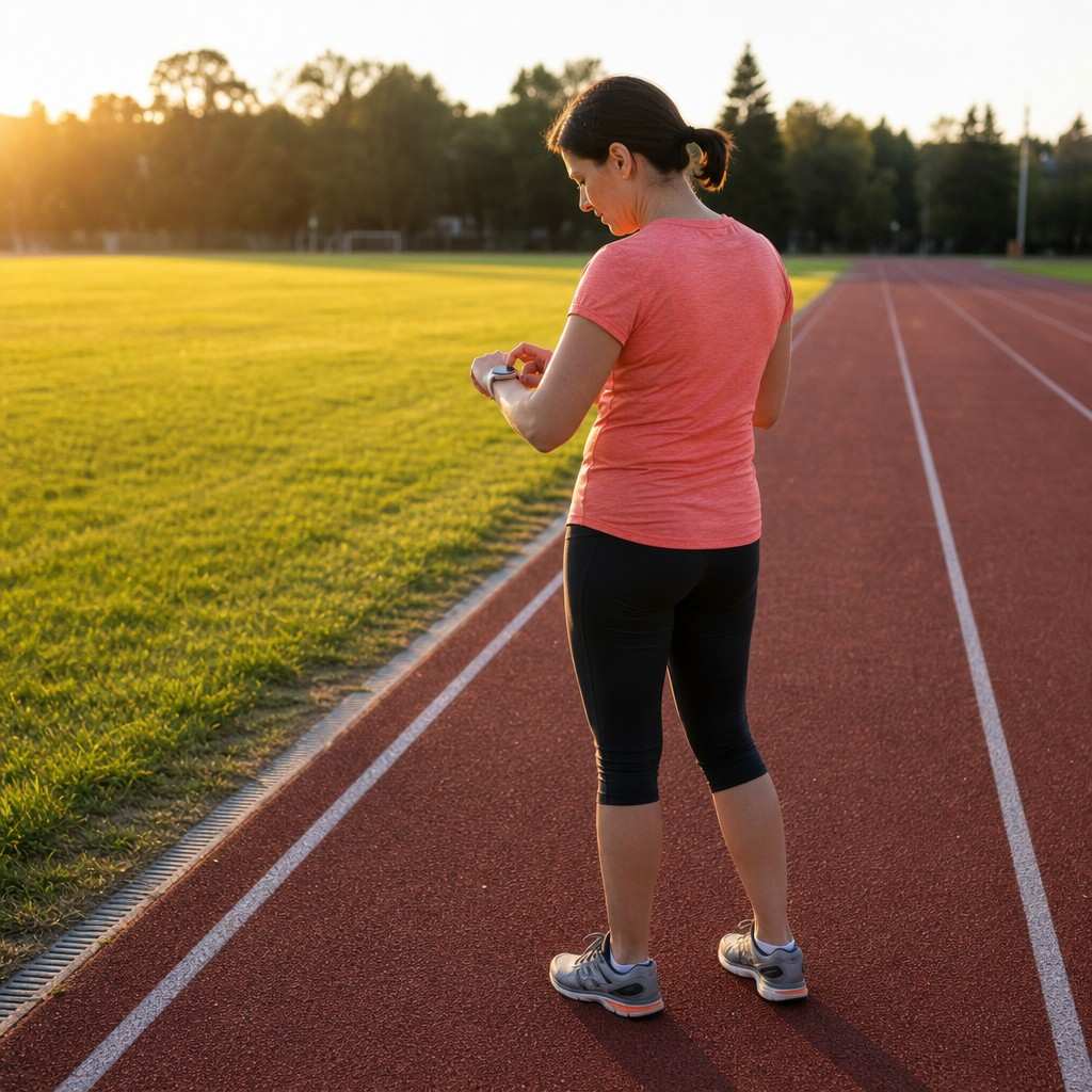 A woman standing at the edge of a running track starting a workout on her GPS watch